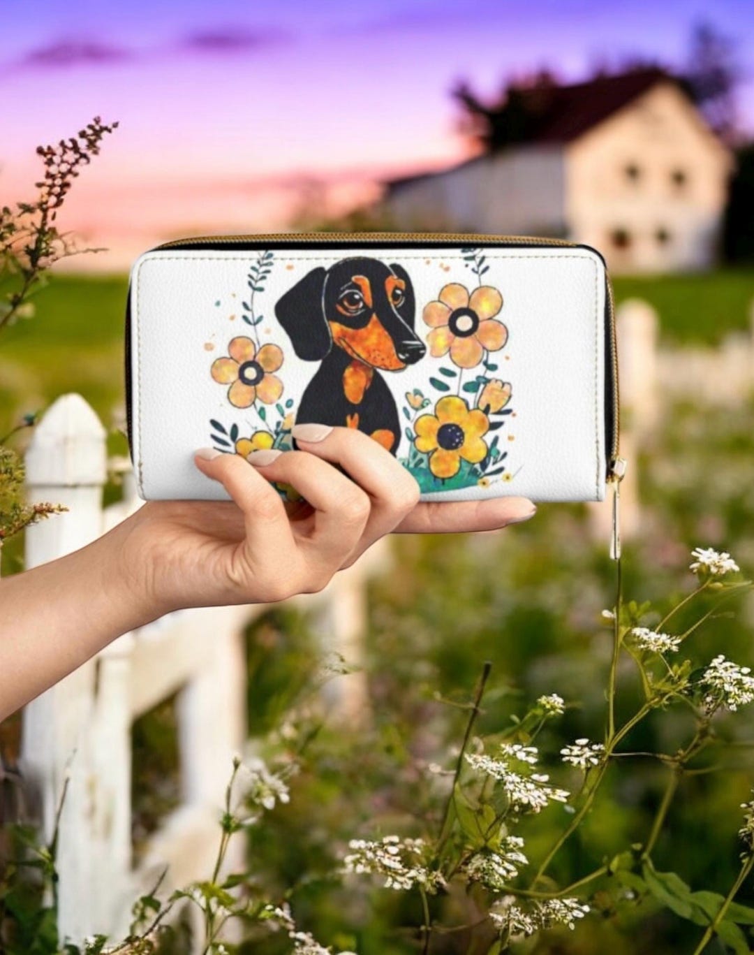 Dog Wallet Floral Dachshund Wallet – Black and Tan Wiener Dog Zip Around Purse ...
