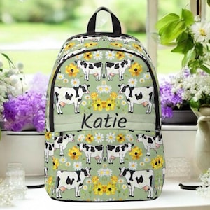 Personalisierter Holstein Kuh Rucksack mit Sonnenblumenmuster, individueller Name Farm Animal Rucksack für Kinder und Erwachsene, niedlicher Schulrucksack