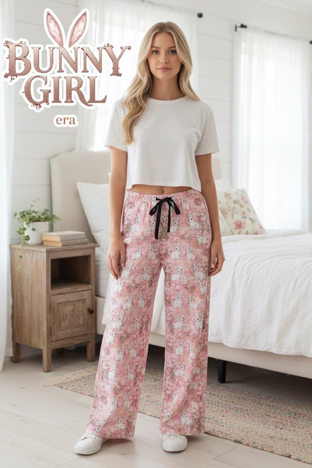 Bunny Pajama Pants Women, Floral Rabbit PJ Pants, Wide Leg Lounge