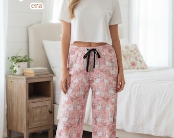 Pantalones de pijama de conejito para mujer, pantalones de pijama de conejo floral, pantalones de descanso de pierna ancha, pijama estilo cottagecore, regalo de conejito para ella.