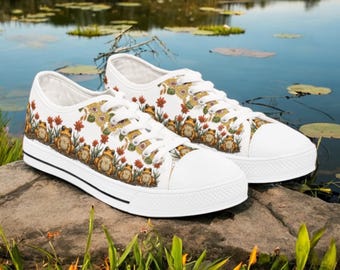 Frog Sneakers for Women, Frog Canvas Sneakers, Cottagecore Sunflower Shoes, Cute Frog Lover Gift Footwear