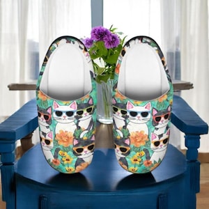 Cool Cat Slippers For Women, Funny Kitty Sunglasses House Shoes, Cute Cat Lover Gift, Colorful Floral Cat Slippers, Cozy Catcore Style