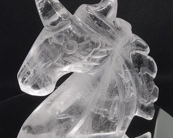 Sculpture licorne en quartz transparent - Fait main, décoration fantastique, décoration mythique