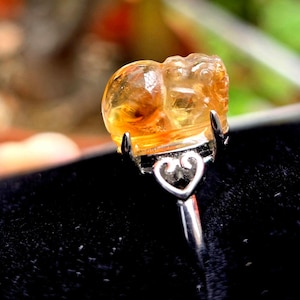 May include: A ring featuring a carved, amber-colored gemstone. The gemstone is mounted on a silver band with a heart-shaped design. The gemstone has a detailed, textured surface.
