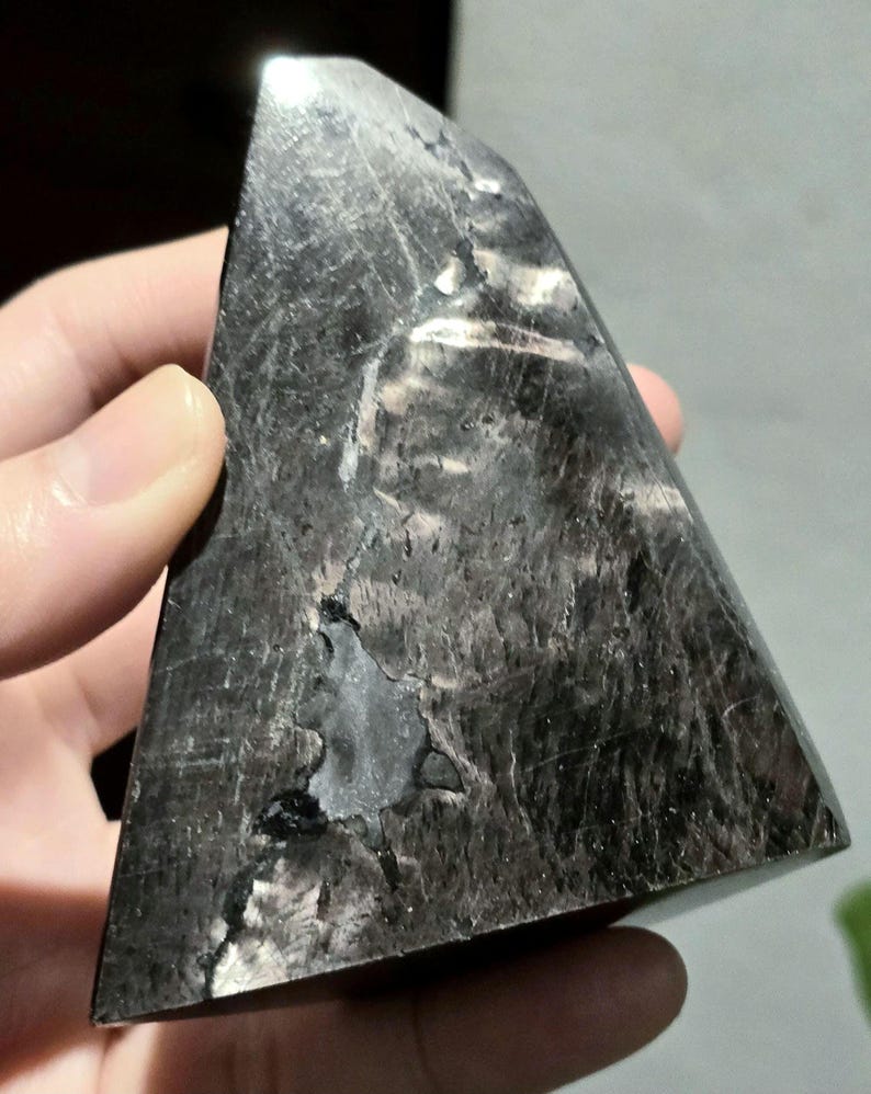 May include: A dark grey, triangular crystal with a polished surface. The crystal has streaks of white and silver. The shape is a pyramid, and it is held in a hand.