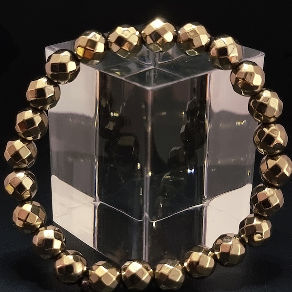 Elegant Golden Pyrite Bracelet - Faceted 8mm Beads for Riches, Luck, and Wealth Abundance