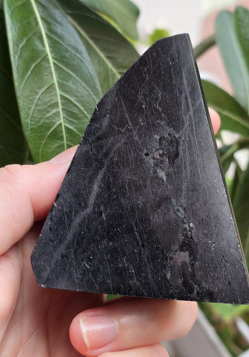 May include: A triangular, polished black stone with visible veining and a slightly textured surface. The stone is held in a hand, with green foliage in the background. The shape is reminiscent of a wedge or a fragment.