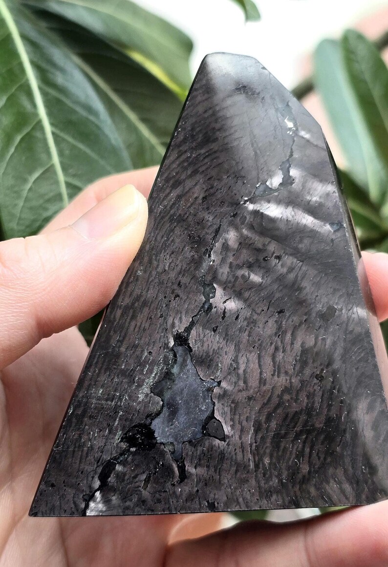 A large Hypersthene freeform with shimmering chatoyancy and a natural, unpolished edge, held in a hand.