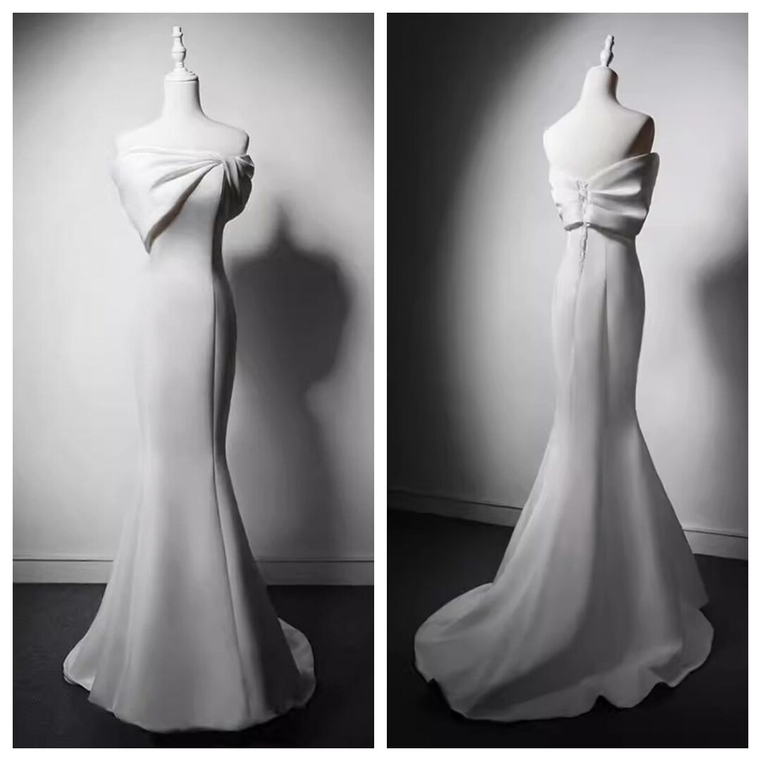 White Satin Mermaid Dress, Long Tail Dress, Elegant Prom Dress, Ball ...