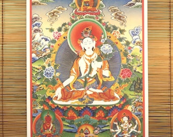 Biała Tara, wydruk Thangka 18 cali, naturalne płótno