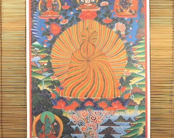 May include: A rectangular thangka painting featuring a central figure in a swirling orange and yellow robe, surrounded by smaller deities in circular halos, floral motifs, and a landscape of mountains, water, and clouds in vibrant blue, green, and red.