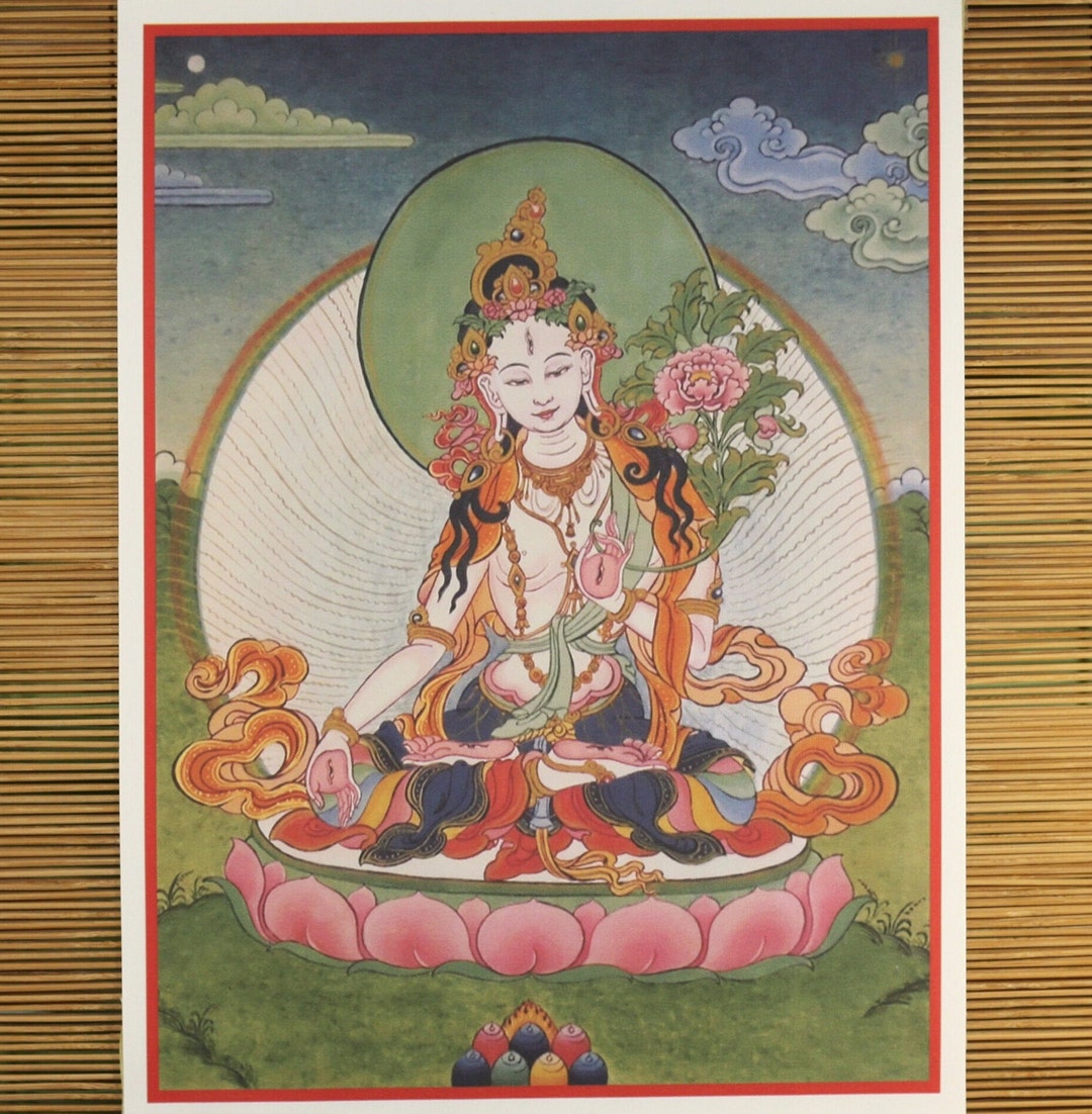 Tara Blanche Thangka Bouddhiste Imprim e Sur Toile Naturelle Etsy 