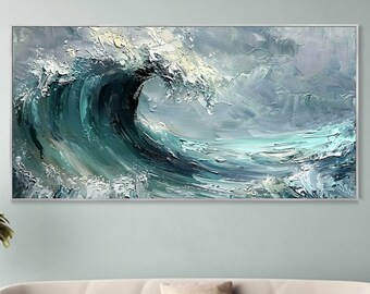 Pintura al óleo texturizada de paisaje marino Olas esmeraldas Trazos dinámicos Espuma del mar Cuadro mural para salón Tonos azul verdosos