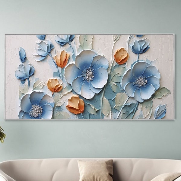 Peinture à l'huile abstraite florale à texture épaisse couteau fusion orange bleu art décoratif horizontal pour salon chambre à coucher