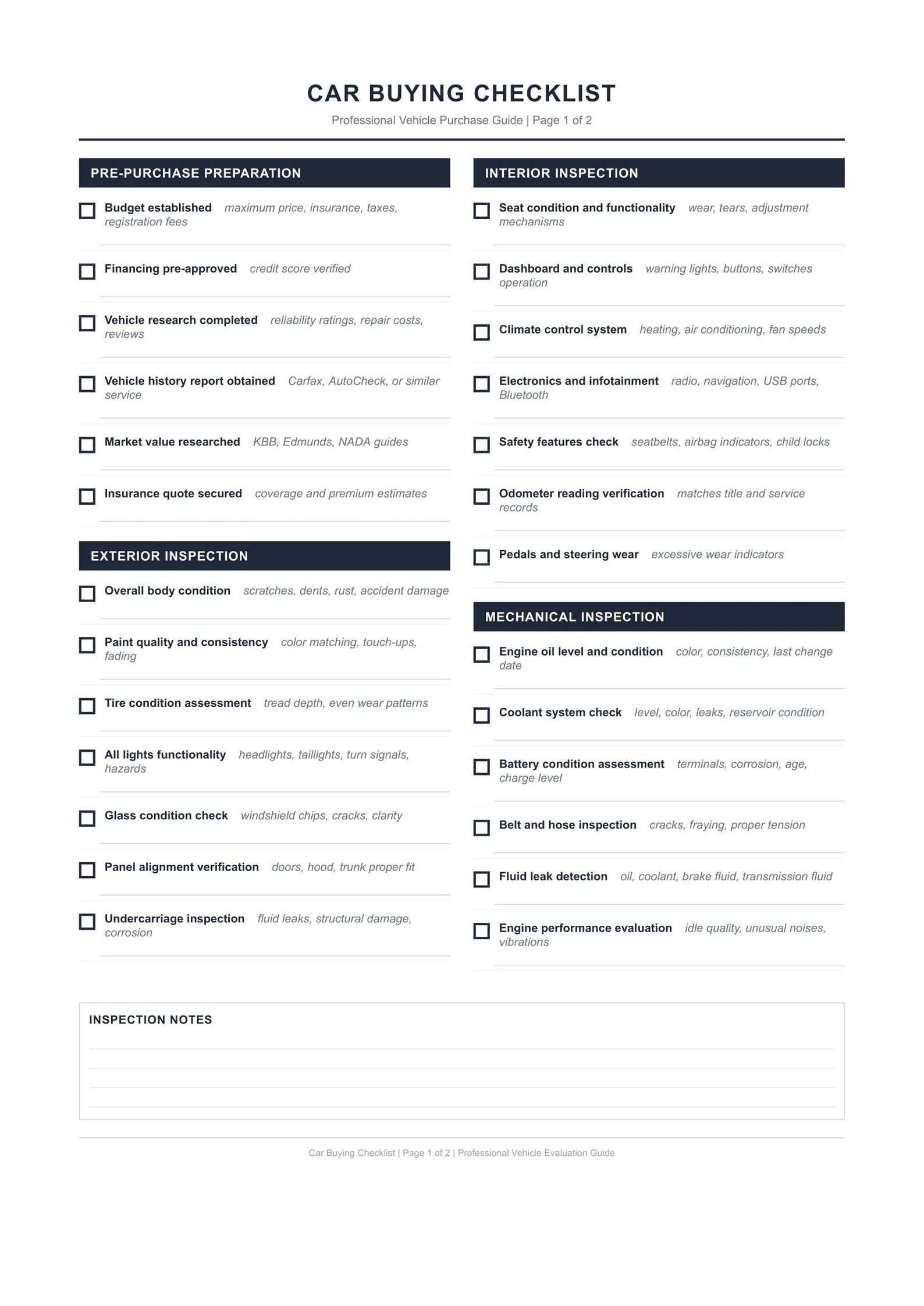 Car Buying Checklist: Used Car Inspection Guide (printable PDF Download ...