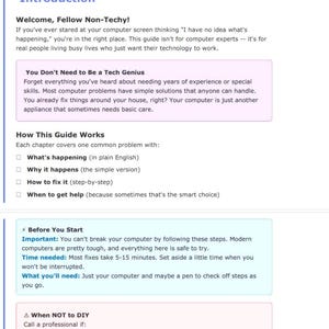 May include: A webpage titled "Introduction" with text about computer repair for non-experts. The guide covers common computer problems, offering simple solutions. Sections include "Before You Start" and "When NOT to DIY."