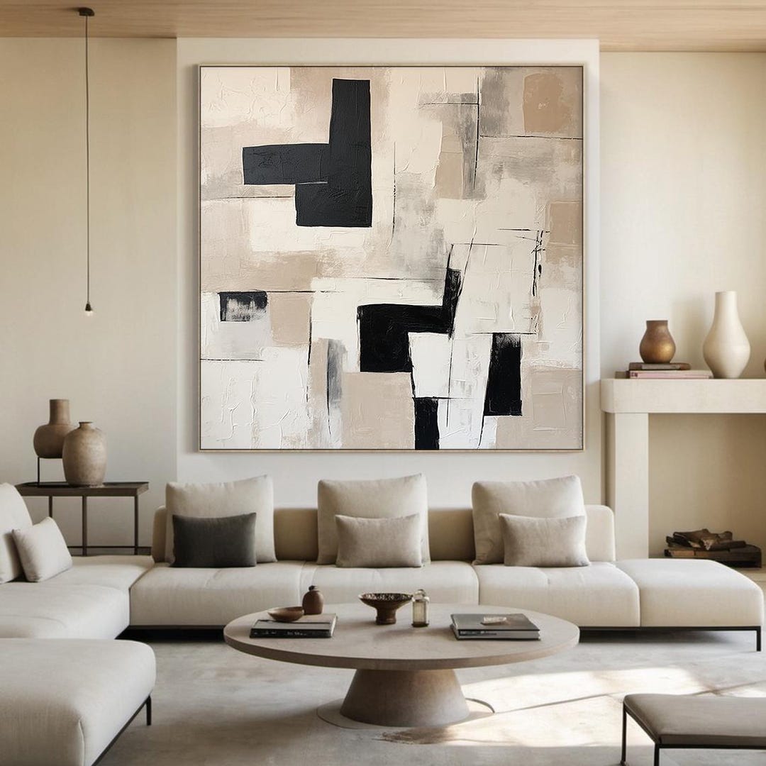 Large Black Abstract Canvas Oil Painting, Beige Wabi-sabi Wall Painting ...