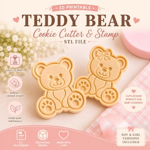 Teddy Bear Cookie Cutter & Stamp STL Bundle | Boy  Girl Bear | 3D Printable Cookie Cutter | Digital Download | STL Files