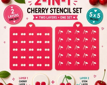 2-in-1 Cherry Stencil | 5x5 Inch Reusable Cookie Stencil | Cherries & Stems | Royal Icing, Cakes, Fondant and Crafts