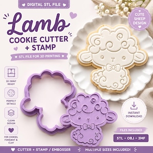 May include: A purple lamb cookie cutter and stamp set with a matching cookie. The cookie is white with a bow tie and a cute sheep design. The text on the image says "Lamb Cookie Cutter + Stamp" and "STL file for 3D printing."