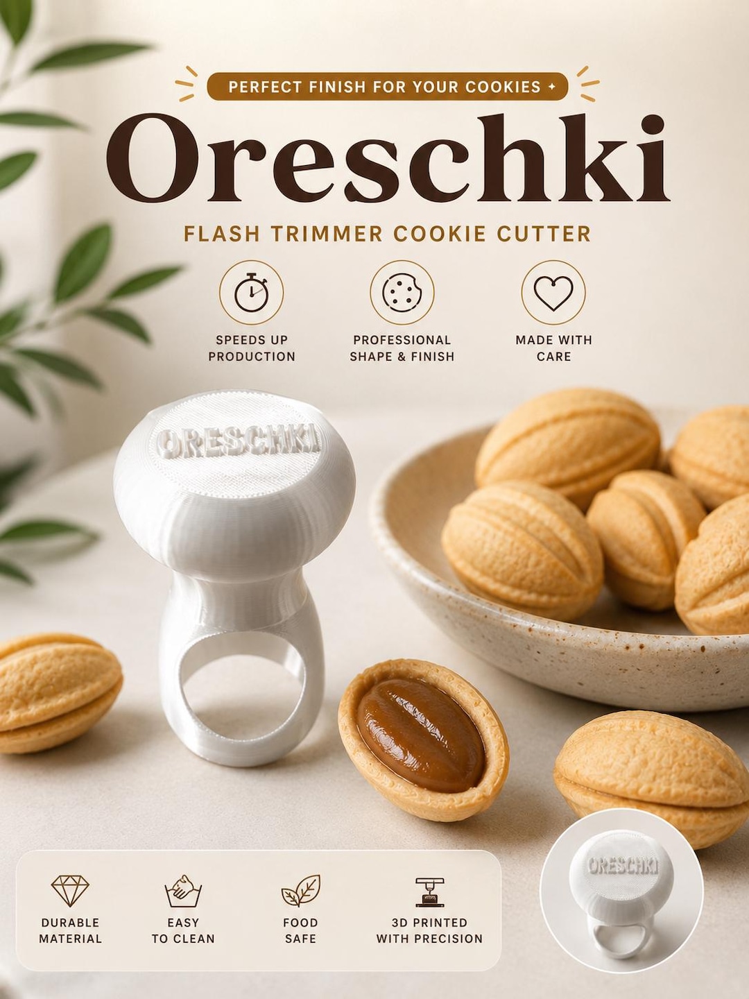 Oreschki Cookie Trimmer | Walnut Cookie Flash Cutter, 3D Printed Baking Tool