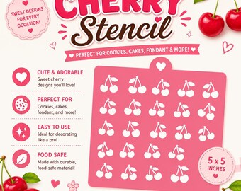 2-in-1 Cherry Stencil | 5x5 Inch Reusable Cookie Stencil | Cherries & Stems | Royal Icing, Cakes, Fondant and Crafts