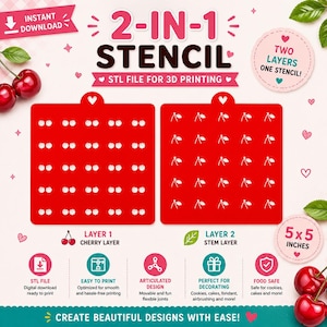 May include: A 2-in-1 stencil set for 3D printing, featuring two red square layers measuring 5x5 inches. Layer 1 displays a grid of cherry fruit shapes, while Layer 2 shows a grid of cherry stems. The digital file is designed for creating decorative patterns.