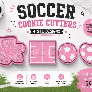 May include: Pink soccer-themed cookie cutters in various shapes, including a soccer ball, field, and heart. The image includes text that says "Soccer Cookie Cutters" and "Make every celebration a GOAL!"