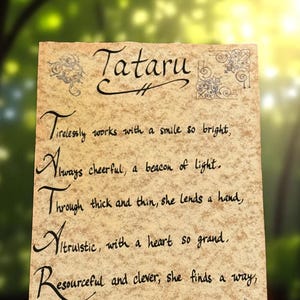 Regalo de pergamino de caligrafía de FFXIV: acróstico de nombre escrito a mano inspirado en Final Fantasy XIV para fanáticos de los juegos de rol. Regalo personalizado. Regalo único.