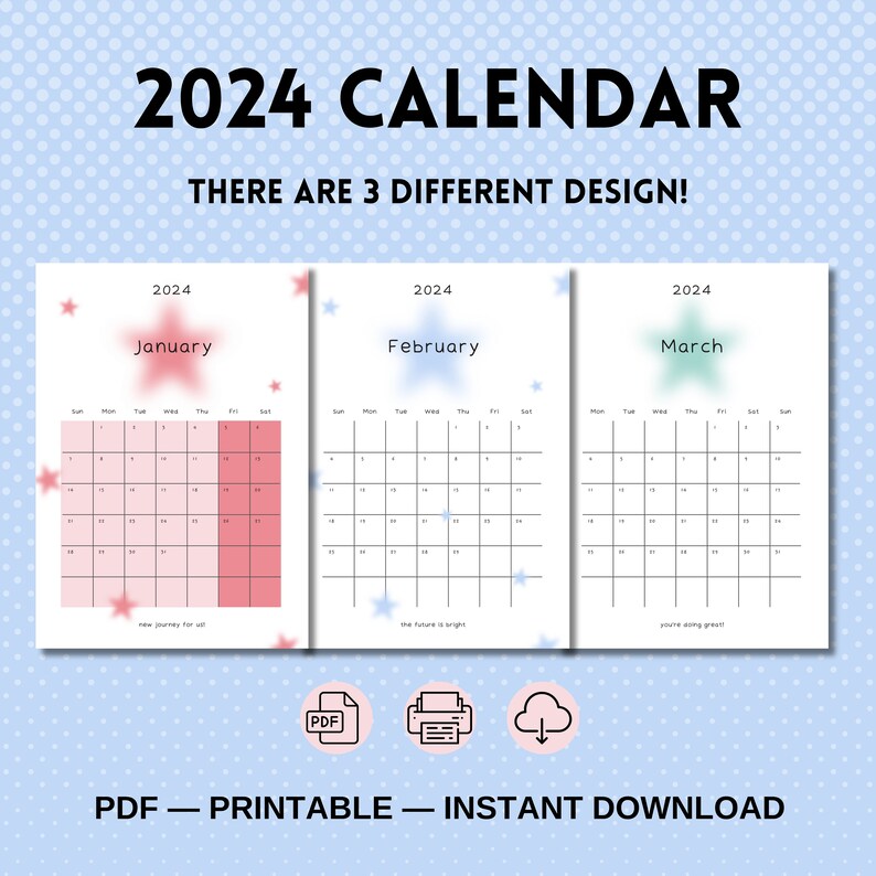2024 Calendar 2024 AESTHETIC Portrait Colorful Star Monthly Calendar ...