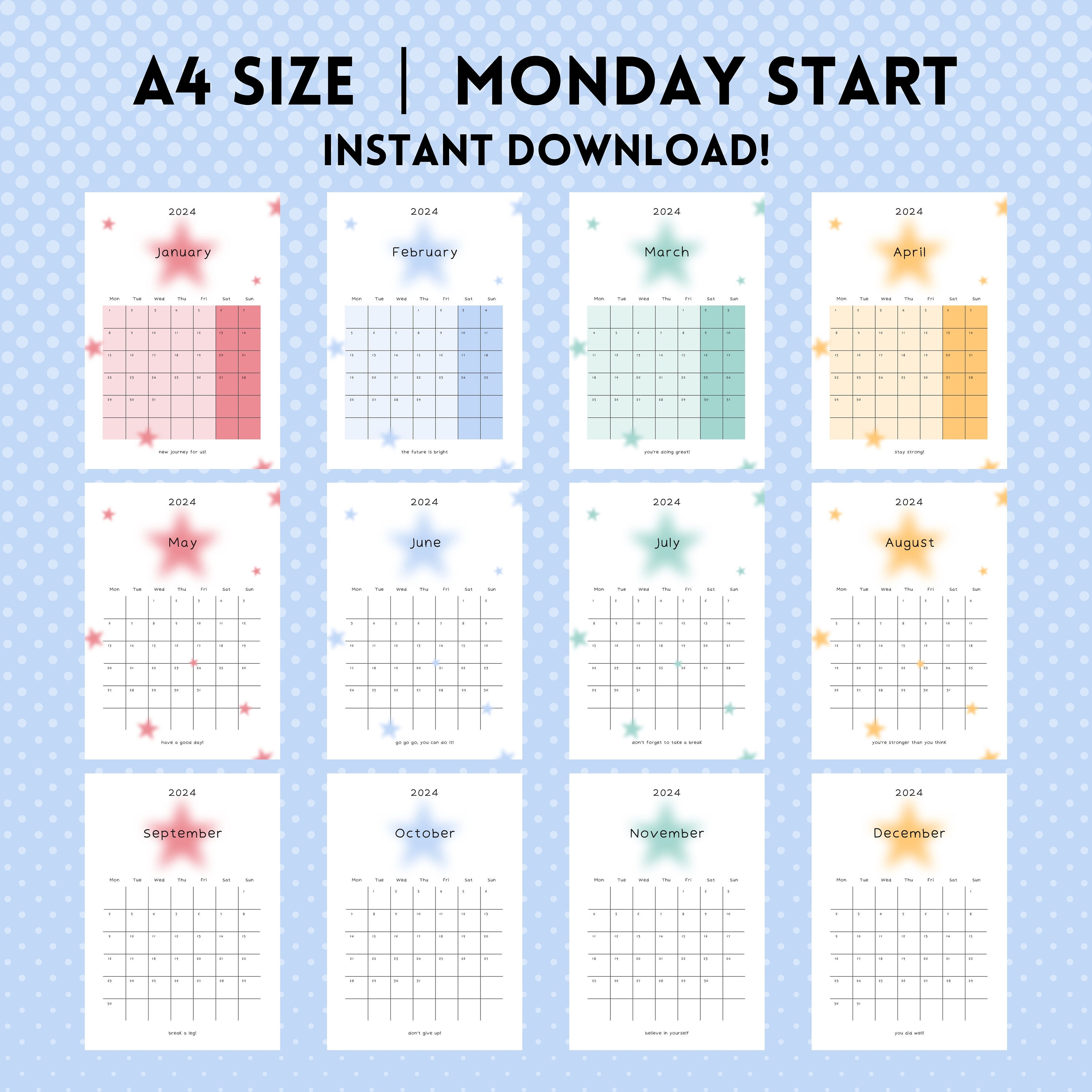 2024 Calendar 2024 AESTHETIC Portrait Colorful Star Monthly Calendar ...