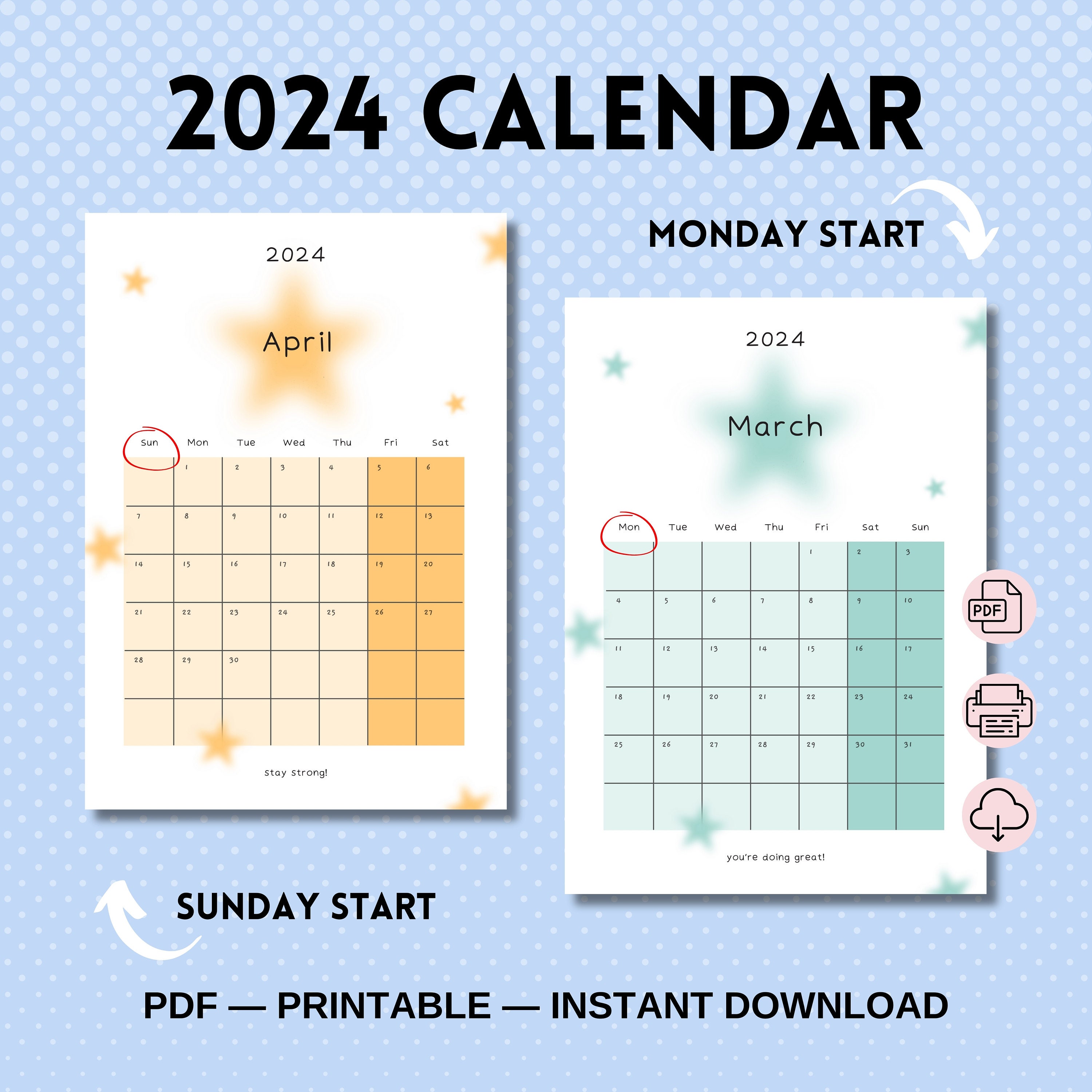 2024 Calendar 2024 AESTHETIC Portrait Colorful Star Monthly Calendar ...