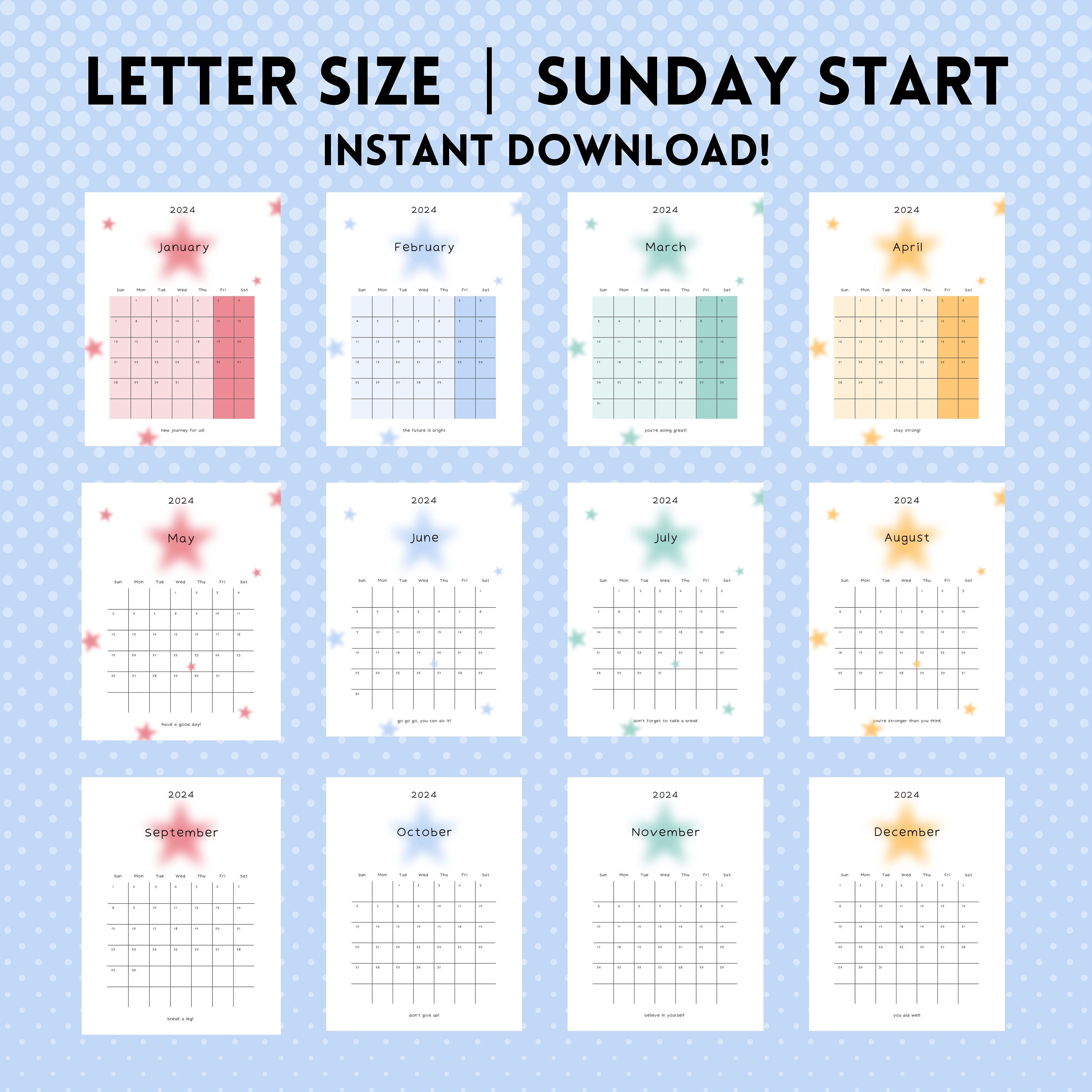 2024 Calendar 2024 AESTHETIC Portrait Colorful Star Monthly Calendar ...