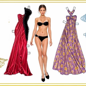 Może przedstawiać: Zestaw papierowych lalek z kobietą w pięciu różnych strojach: białą sukienką bez ramiączek, czerwoną sukienką bez ramiączek z czarnym wykończeniem z piór, czarnym bikini, fioletową sukienką w kwiaty i jasnoniebieską sukienką z kokardką.