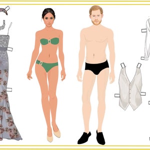 May include: Paper doll set featuring a woman and a man. The woman has brown hair and is wearing a floral dress, a green bikini top and bottom, and a headband. The man has brown hair and is wearing a white shirt, black swim trunks, a vest, and white pants.