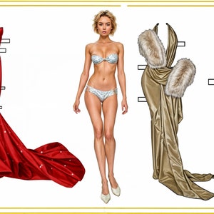 Może przedstawiać: Zestaw papierowych lalek z kobietą o blond włosach i trzema różnymi strojami: czerwoną suknią, złotą suknią z kołnierzem z futra i czarną suknią. Kobieta stoi w białym bikini.