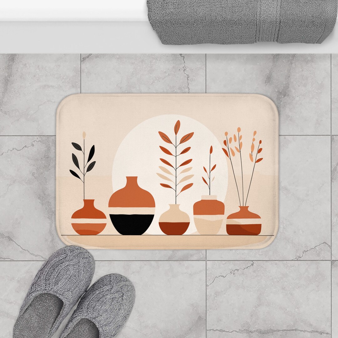 Modern Boho Aesthetic Geometric Print Bath Mat Minimalist Terracotta ...