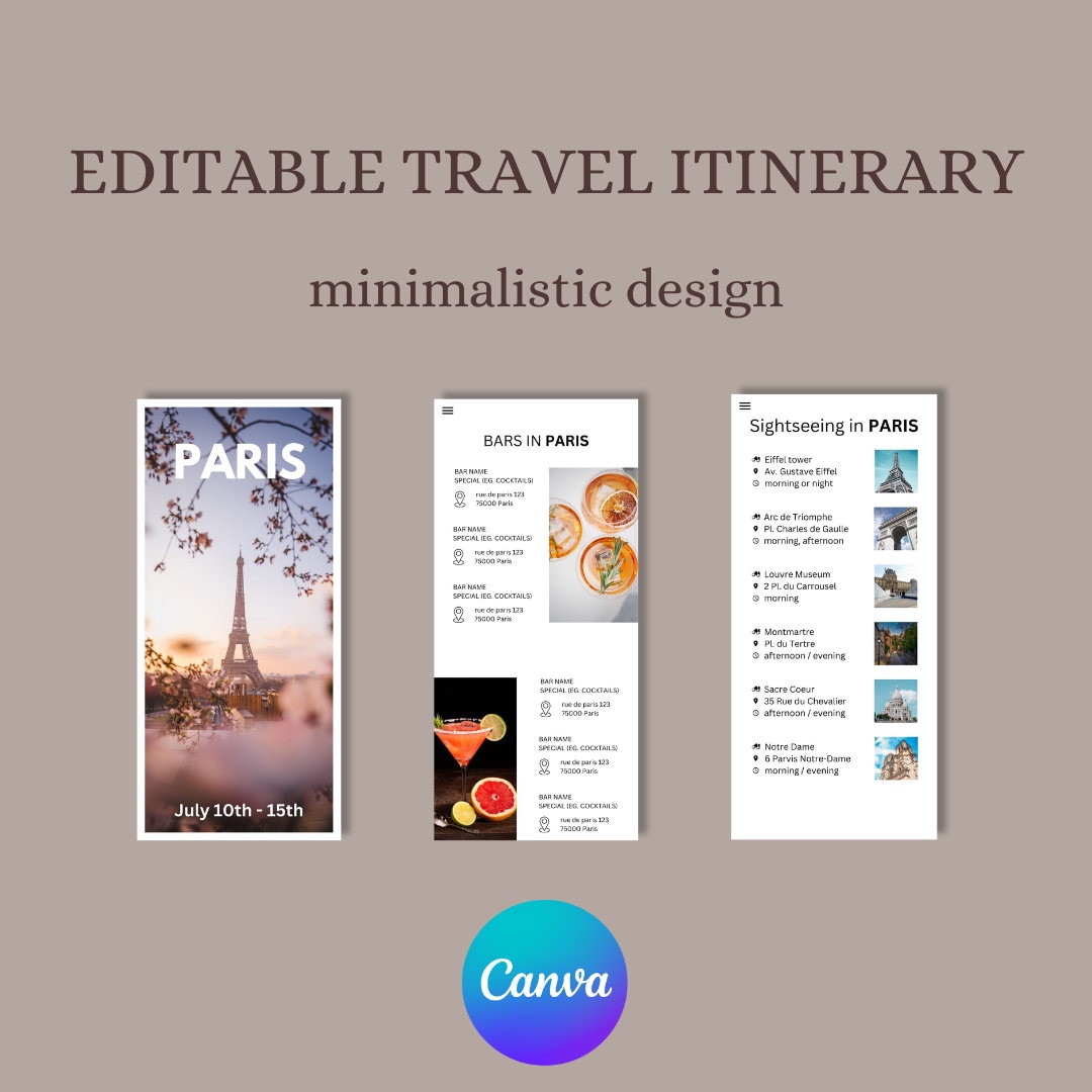 Editable Travel Itinerary Printable Travel Guide for Mobile Use Travel ...
