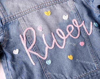 Hand Embroidered Jean Jacket: Perfect for Newborn Announcements, Personalized Birthday Outfits, and Flower Girl Gifts