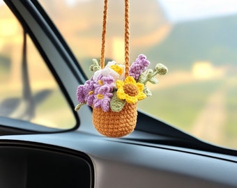 Suspension de voiture à fleurs au crochet : accessoires de voiture floraux adorables pour les adolescents - Charme suspendu pour rétroviseur intérieur