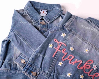 Hand Embroidered Jean Jacket: Ideal for Newborn Announcements, Custom Birthday Outfits, and Flower Girl Gifts