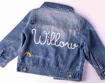 Hand Embroidered Jean Jacket: Perfect for Newborn Announcements, Personalized Birthday Outfits, and Flower Girl Gifts