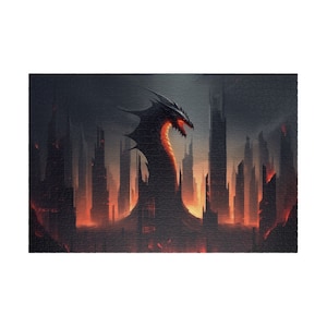 Fiery Future - Dystopian Cyberpunk Cityscape Dragon Fantasy Jigsaw Puzzle