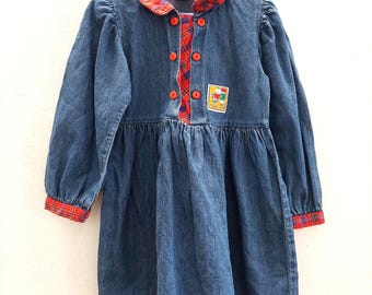 Vintage Oshkosh B'gosh Denim Dress, Red Plaid Accents | Girls Size 4
