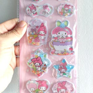 vintage SANRIO « Hello Kitty » autocollants 3D transparents gonflés avec paillettes/perles | Mignon | Kawaii | Enfants | Papeterie | Objet de collection