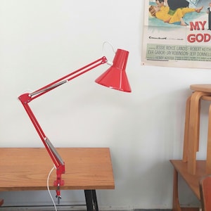 1 x Impresionante lámpara de mesa de arquitecto vintage NOS HCF de los años 70, color rojo, fabricada en Dinamarca, nueva, icónica, de la era espacial, enchufe de la UE