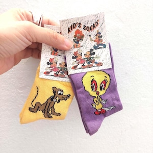 Può includere: Vengono mostrate due paia di calzini per bambini. Un paio è giallo con un cane dei cartoni animati marrone, e l'altro è viola con una grafica di Titti giallo. I calzini sono etichettati "Kid's Socks" e presentano personaggi dei cartoni animati.