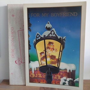 Énorme carte de Noël vintage « Pour mon petit ami » dans une boîte aux lettres | Oiseaux 3D sur les réverbères | NSA | Mignon | Rares