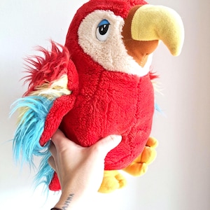 Grande peluche perroquet ara vintage | Fabriqué en Suisse | Jouet pour enfants | Rouge |