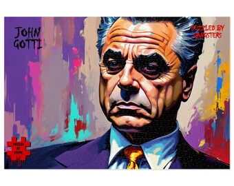 Könnte beinhalten: Ein farbenfrohes, abstraktes Porträt von John Gotti, einem berühmten amerikanischen Gangster. Das Bild trägt den Titel "John Gotti" und "Puzzled by Gangsters".